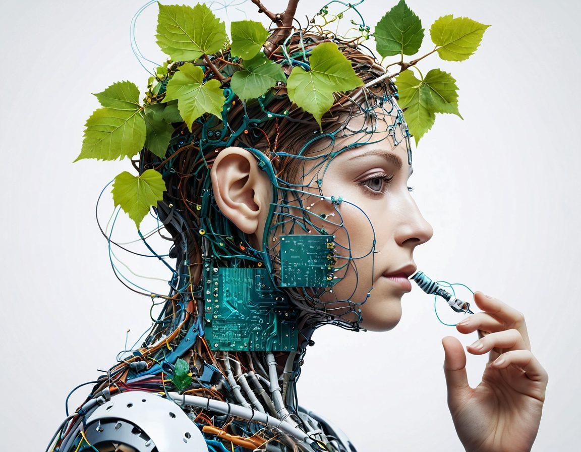 A collage featuring a grapevine intertwined with digital circuits symbolizing the transformation from nature to technology. Include elements like a person practicing speech with AI-assisted tools, showcasing an atmosphere of innovation and support. Use bright colors to create a sense of hope and healing. surrealistic. vibrant colors. white background.