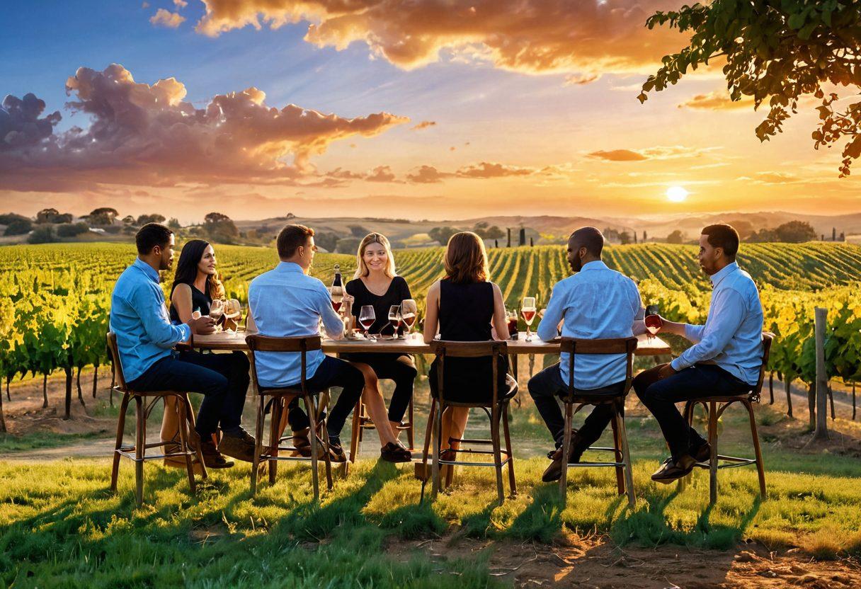 A serene vineyard landscape during sunset, featuring a group of diverse individuals sharing wine and engaging in conversation, symbolizing connection. In the foreground, a single glass of wine sits, reflecting the beauty of nature, while soft speech bubbles float above, illustrating communication techniques. Vivid colors accentuate the warm scene, blending nature with elements of dialogue and support. super-realistic. vibrant colors. open sky.