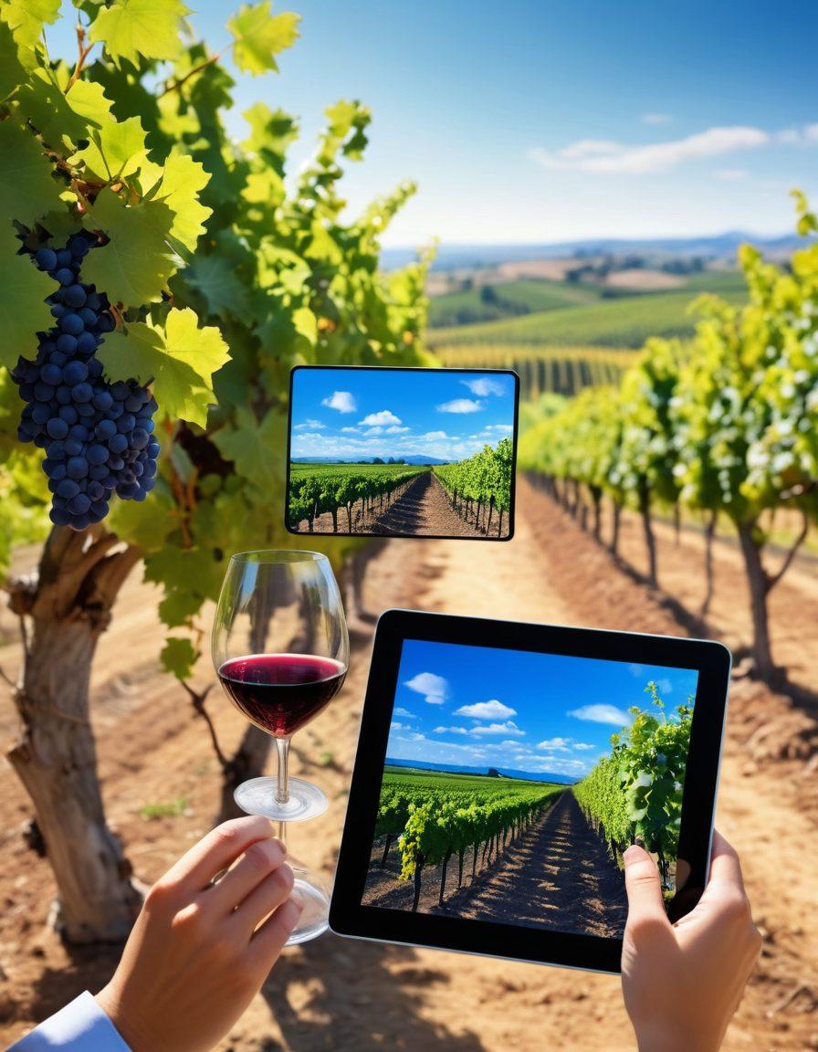 A serene vineyard under a bright blue sky, with clusters of ripe grapes on the vines. In the foreground, a person with an expression of joy communicates with an AI-driven tablet displaying visual aids that facilitate conversation. Artistic elements like swirling wine glasses and abstract neural patterns symbolize the merging of wine culture and technology. soft-focus background. warm tones. vibrant colors. super-realistic.